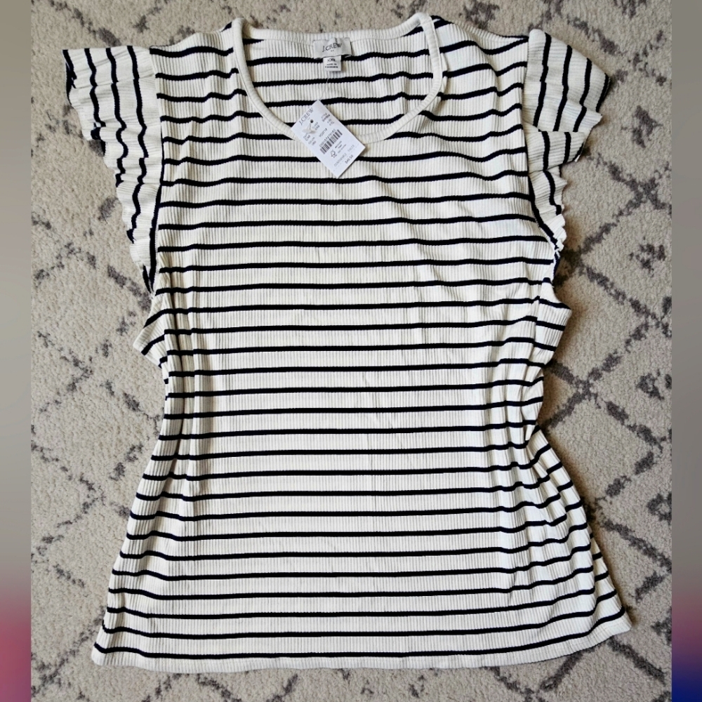 J Crew Flutter Sleeve Navy Cream Tank Sz XXL